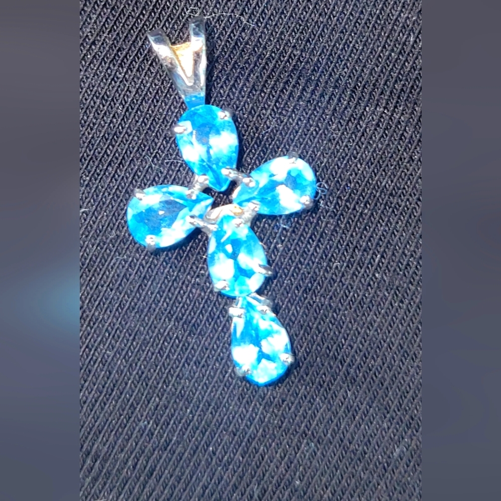 10K Gold Blue Topaz Cross Pendant